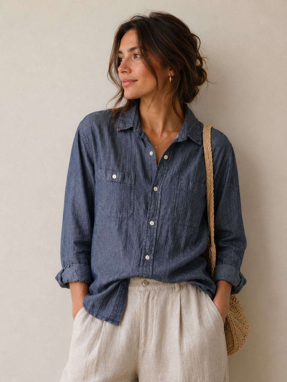 Classic Denim-Effect Button Down Shirt - Blue